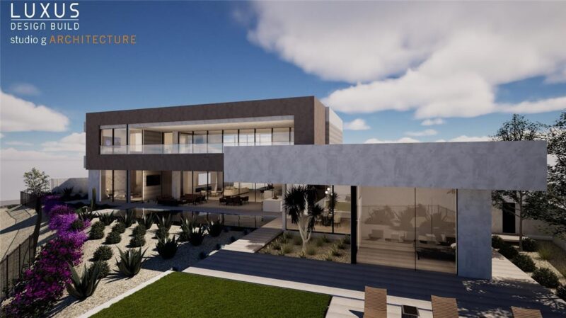 Luxus Design Build architectural rendering of a contemporary custom luxury home designed for an Ascaya homesite in Henderson, Nevada, featuring expansive glass walls, clean modern architecture, and seamless indoor-outdoor living.